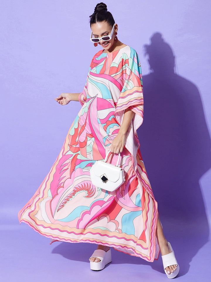 Multicolor-Satin-Colour-Blocking-Printed-Kaftan