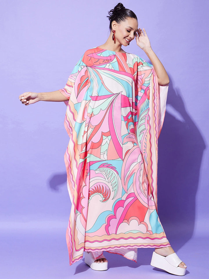 Multicolor-Satin-Colour-Blocking-Printed-Kaftan