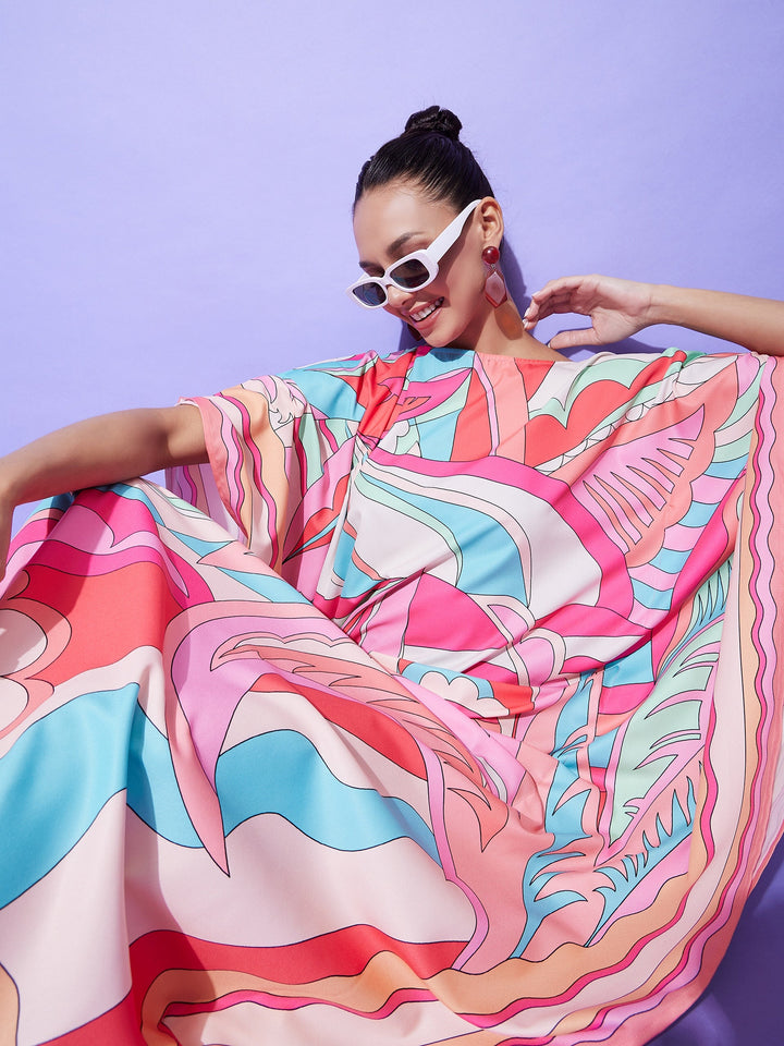 Multicolor-Satin-Colour-Blocking-Printed-Kaftan