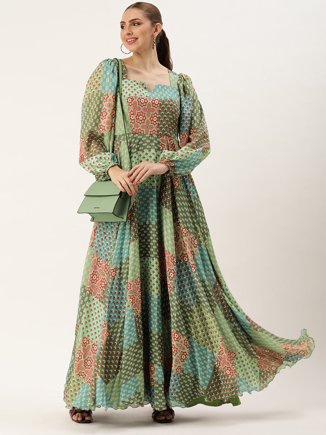 Multicolored-Chinon-&-Polyester-Digital-Printed-Gown