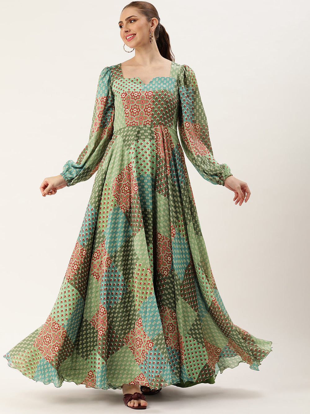 Multicolored-Chinon-&-Polyester-Digital-Printed-Gown