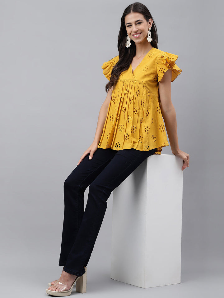 Mustard Cotton Schiffi Casual Gathered Top
