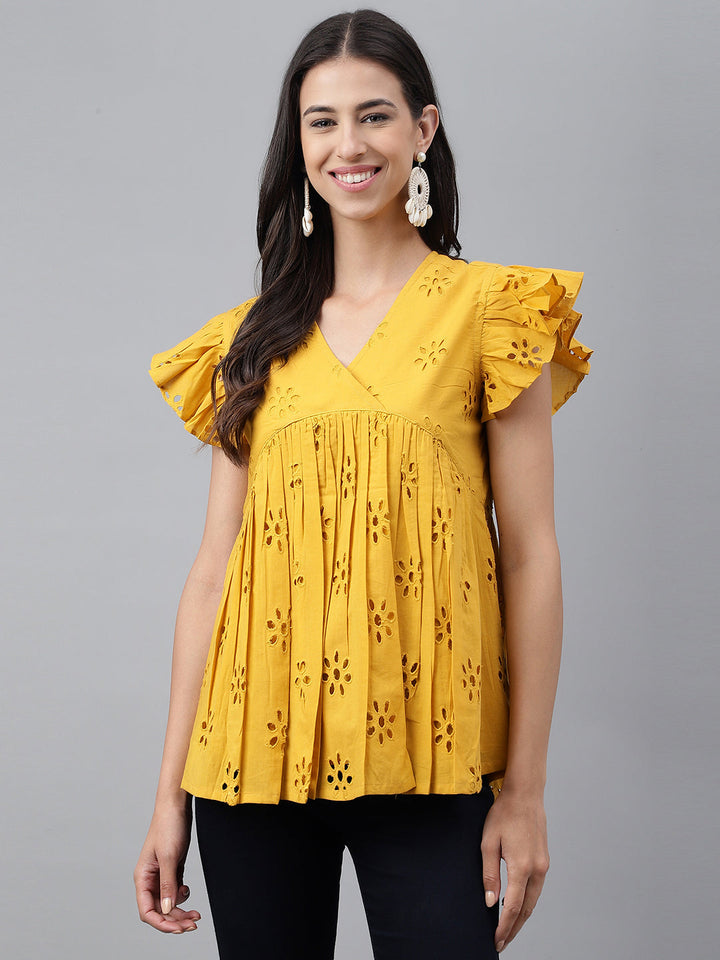 Mustard Cotton Schiffi Casual Gathered Top