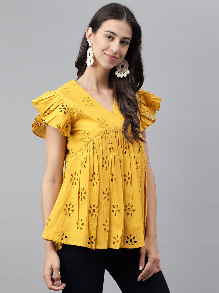 Mustard Cotton Schiffi Casual Gathered Top