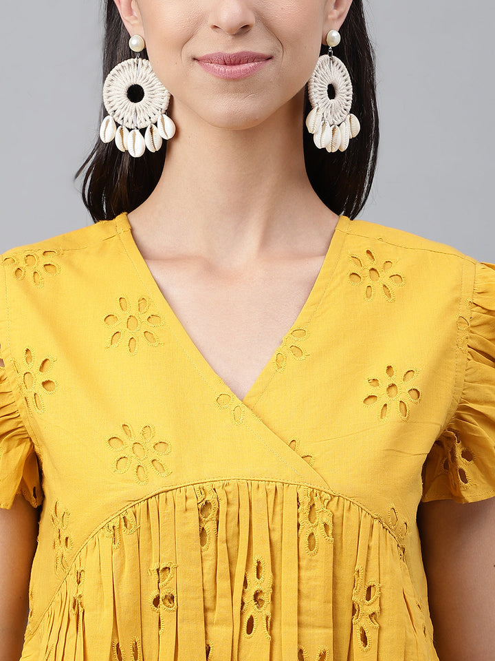 Mustard Cotton Schiffi Casual Gathered Top
