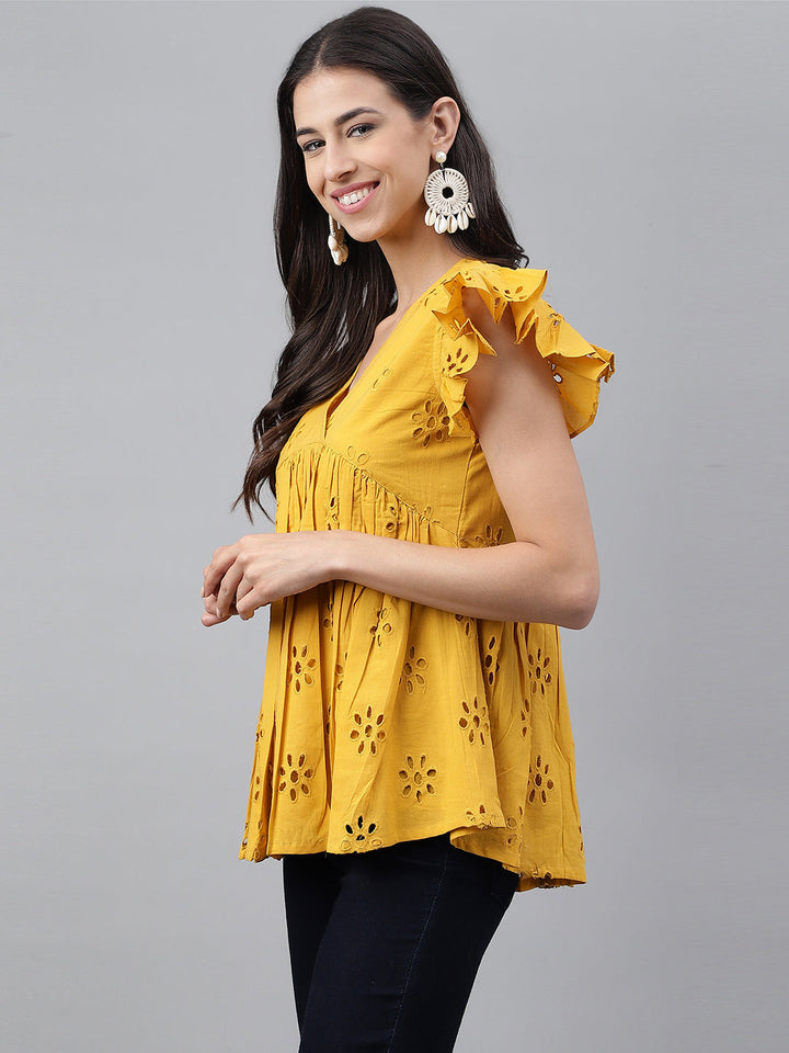 Mustard Cotton Schiffi Casual Gathered Top
