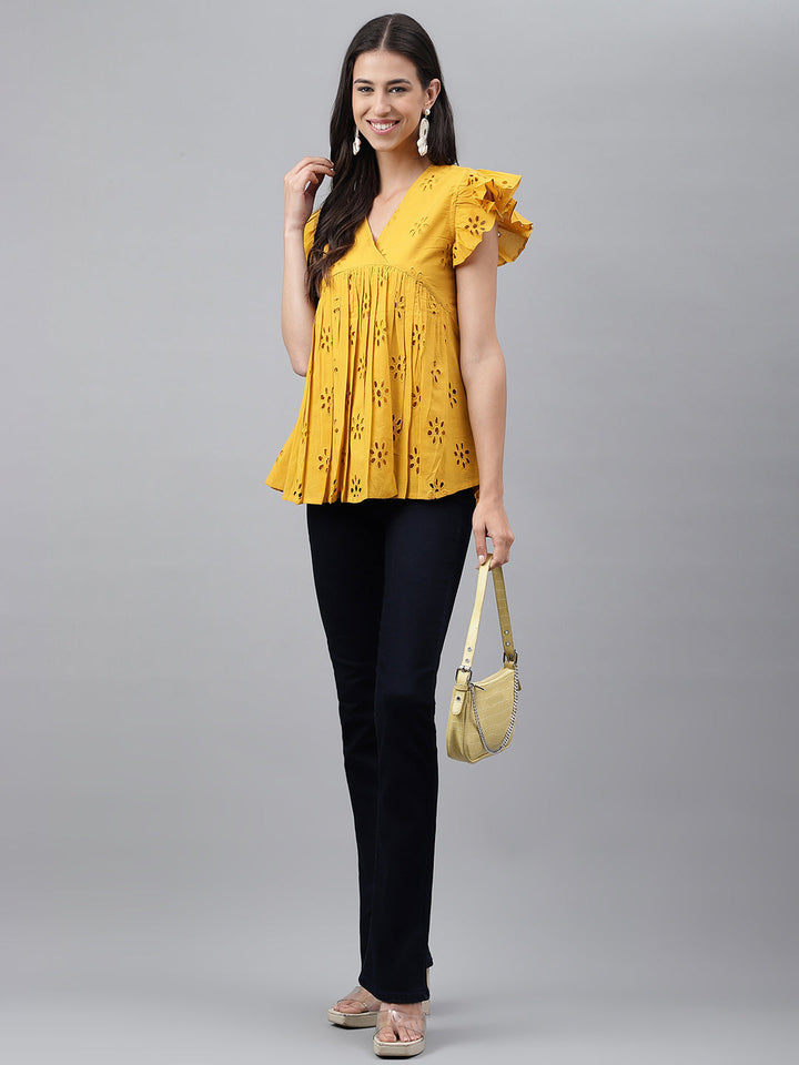 Mustard Cotton Schiffi Casual Gathered Top
