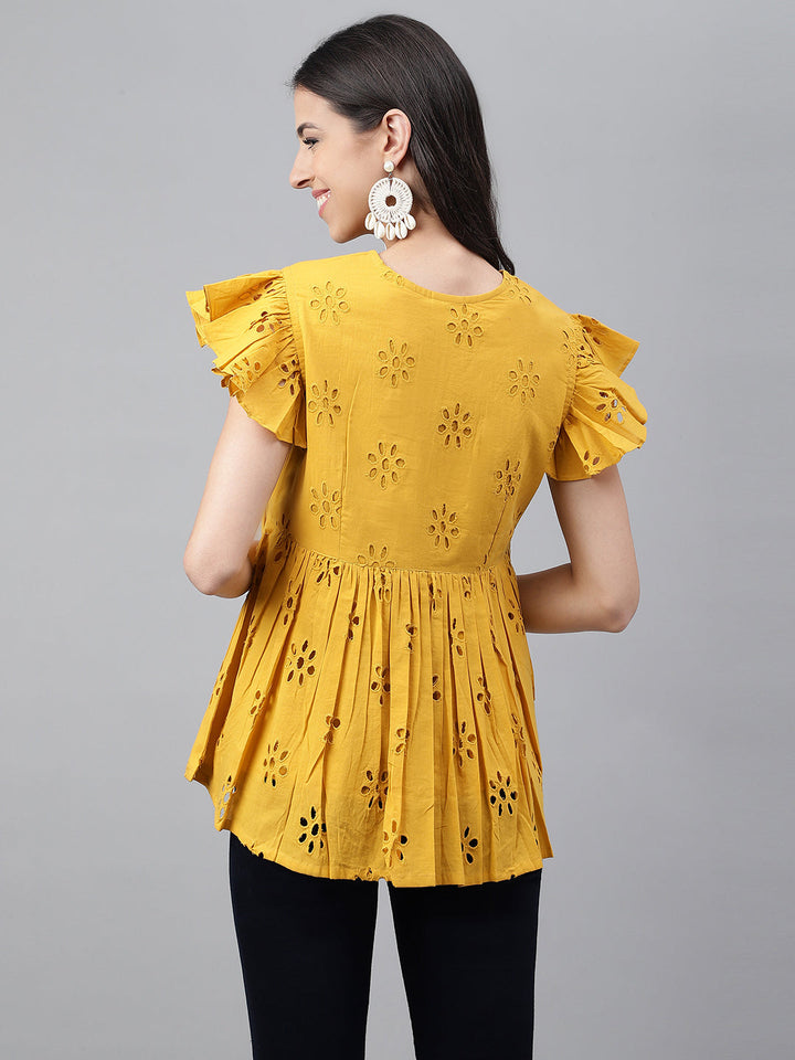 Mustard Cotton Schiffi Casual Gathered Top