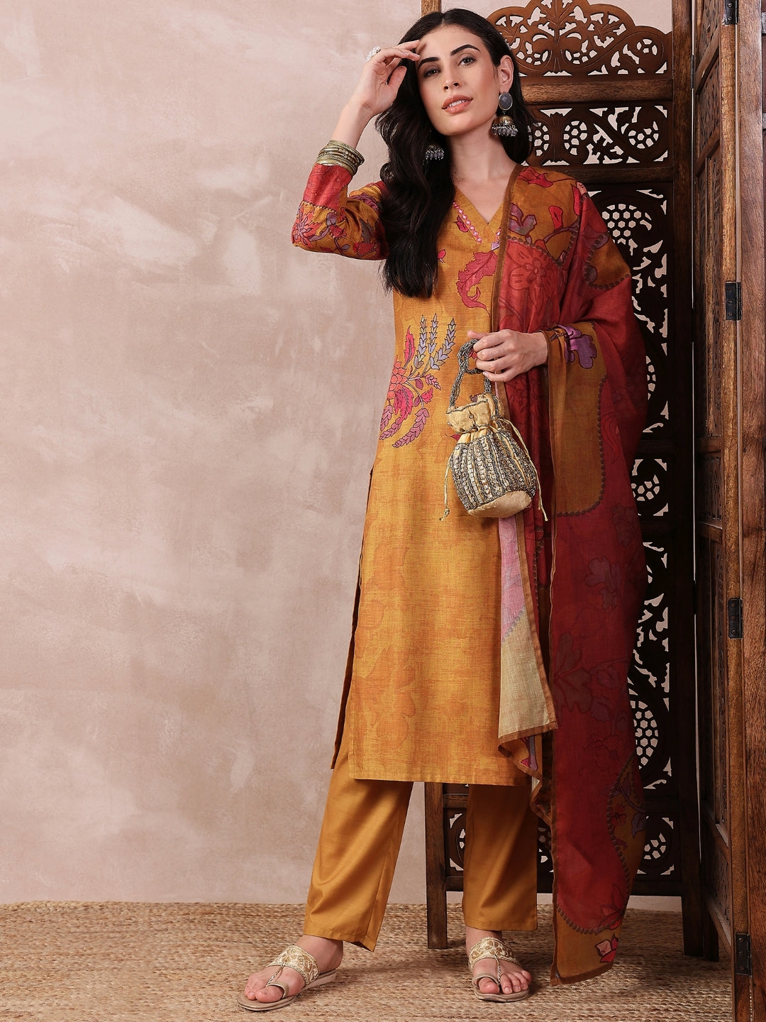 ZERESOUQ-Mustard-Silk-Blend-Floral-Printed-3-Piece-Kurta-Set