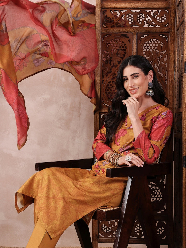 ZERESOUQ-Mustard-Silk-Blend-Floral-Printed-3-Piece-Kurta-Set