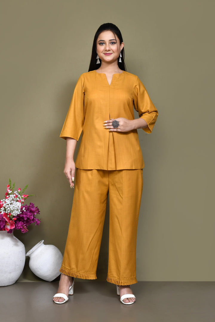 ZERESOUQ-Mustard-Yellow-Cotton-Slub-Solid-Co-ord-Sets