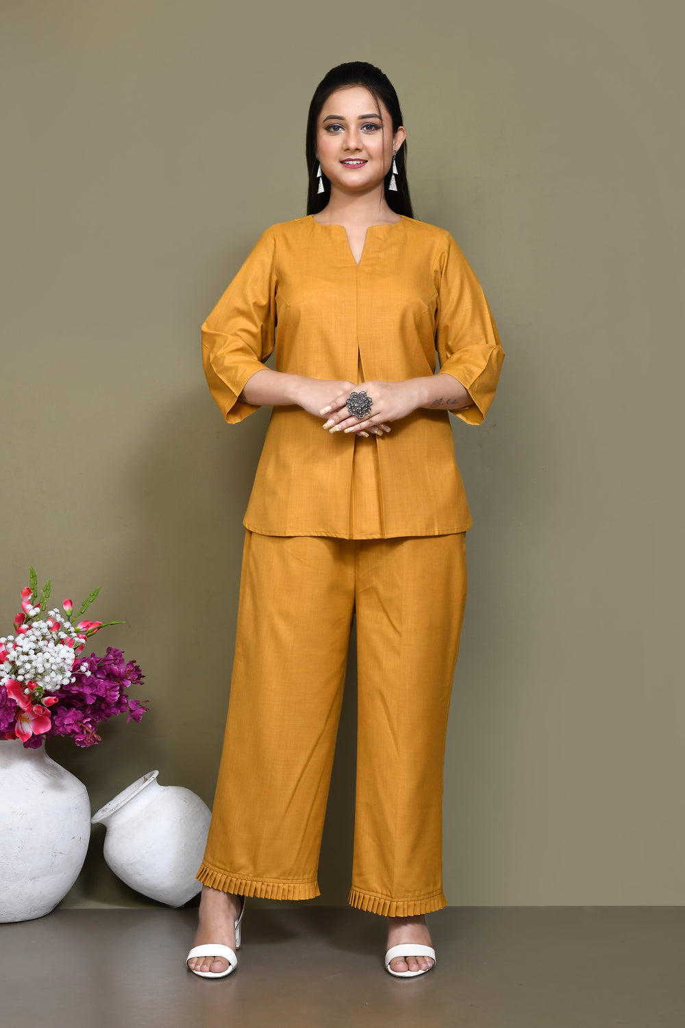 ZERESOUQ-Mustard-Yellow-Cotton-Slub-Solid-Co-ord-Sets