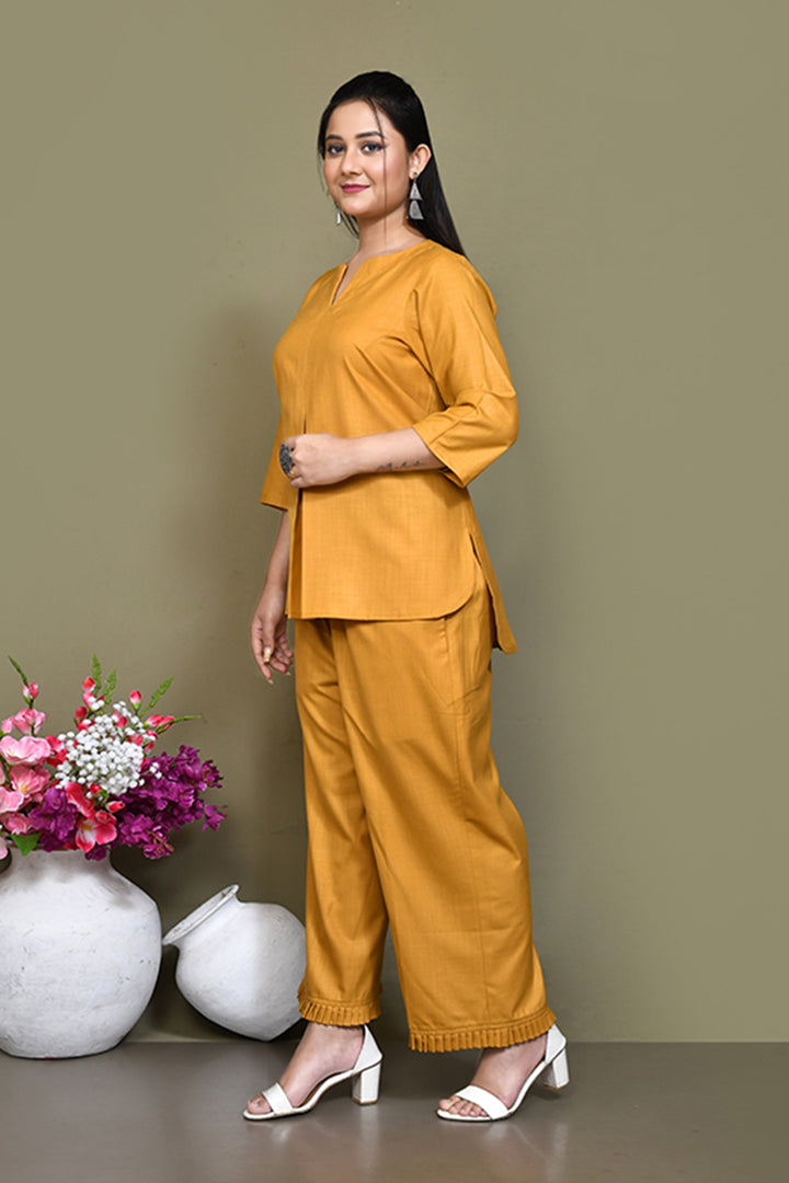 ZERESOUQ-Mustard-Yellow-Cotton-Slub-Solid-Co-ord-Sets