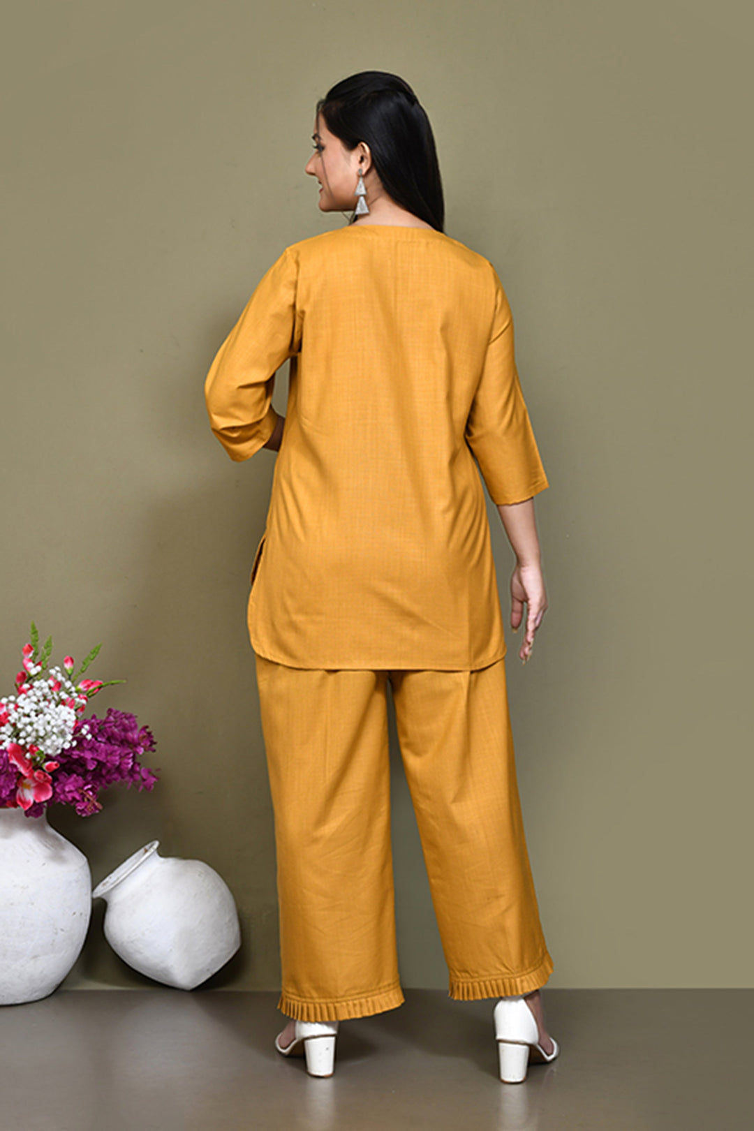 ZERESOUQ-Mustard-Yellow-Cotton-Slub-Solid-Co-ord-Sets