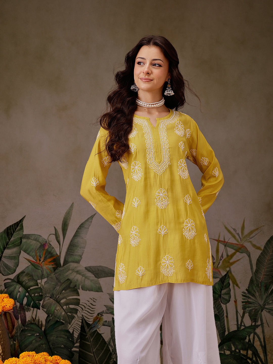 Mustard-Chanderi-Lucknowi-Chikankari-Short-Kurta-ONLY