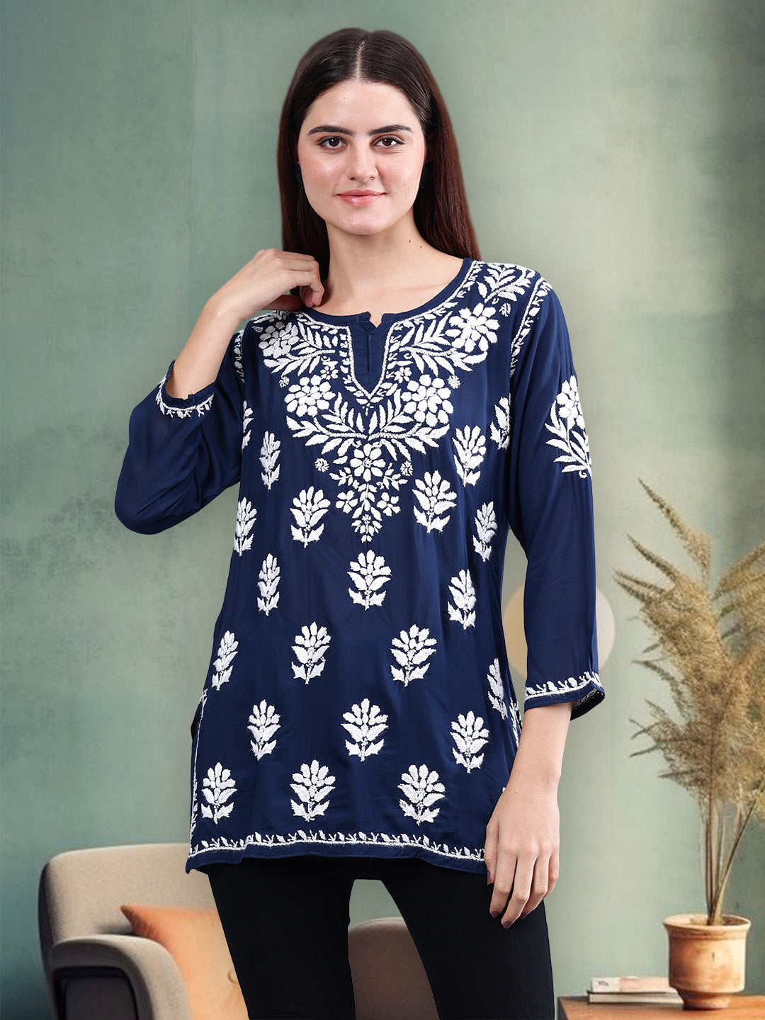 Navy-Blue-Modal-Embroidered-Chikankari-Short-Tunic