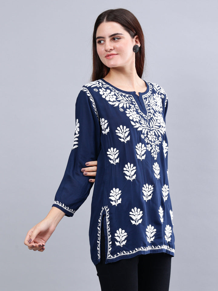 Navy-Blue-Modal-Embroidered-Chikankari-Short-Tunic