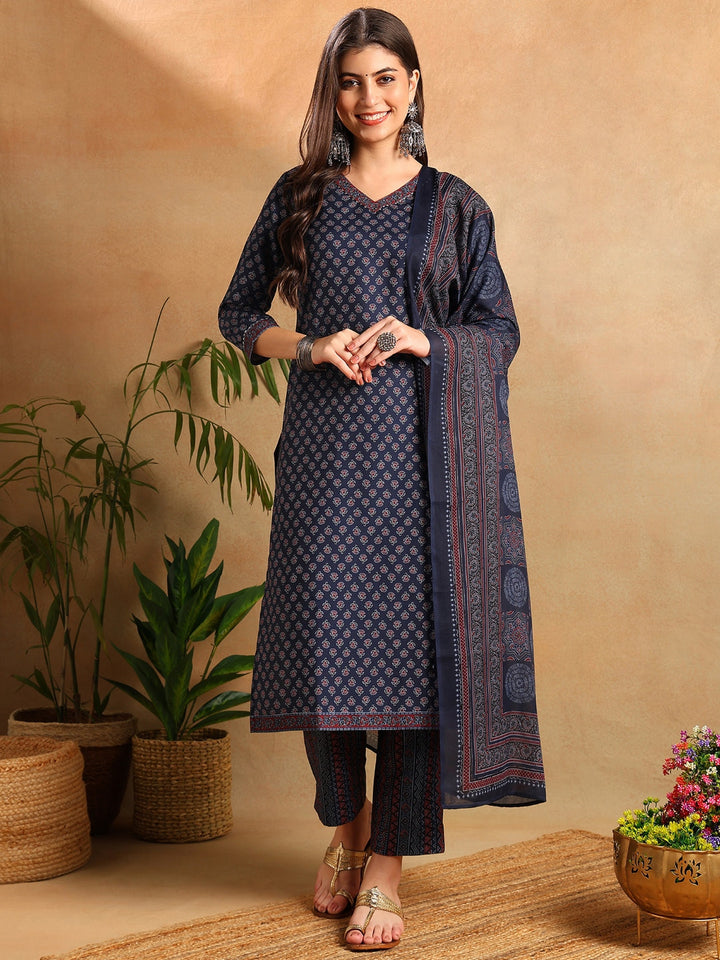 ZERESOUQ-Navy-Blue-Poly-Rayon-Ajrakh-Print-Straight-3-Piece-Kurta-Set