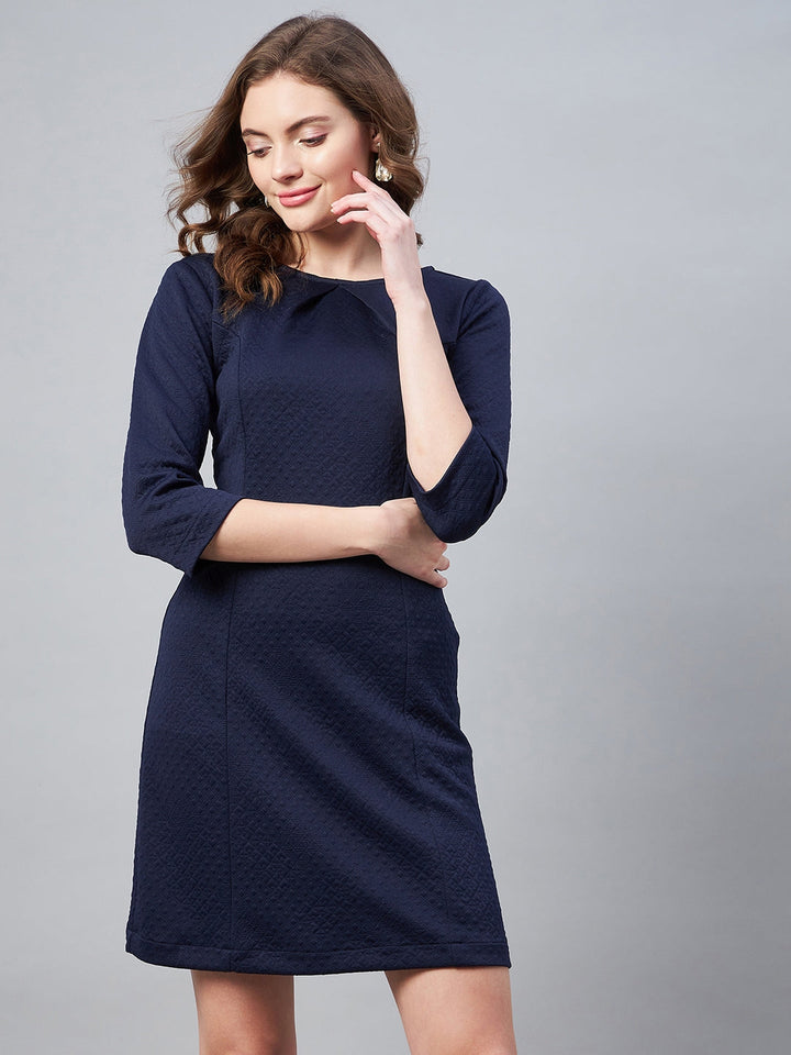 Navy-Blue-Polyester-Jacquard-Self-Design-Dress