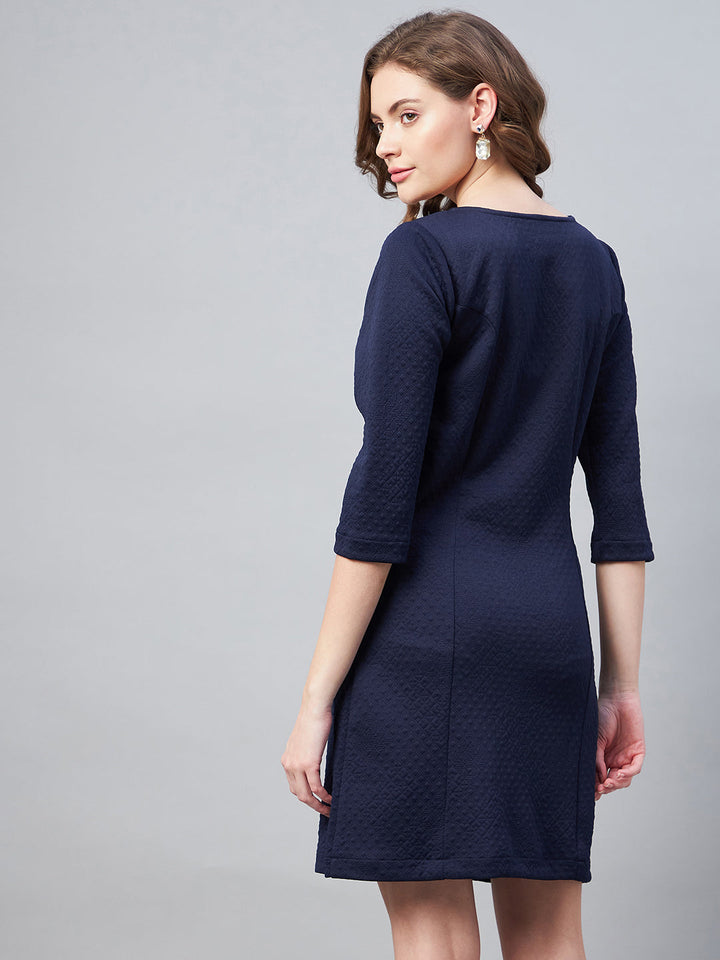 Navy-Blue-Polyester-Jacquard-Self-Design-Dress