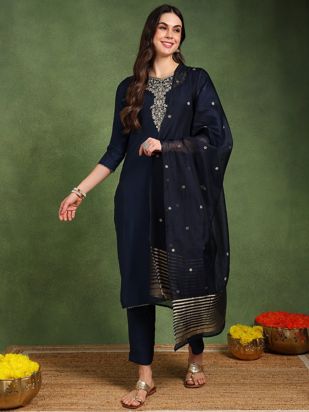 ZERESOUQ-Navy-Blue-Silk-Blend-Solid-Embroidered-3-Piece-Kurta-Set