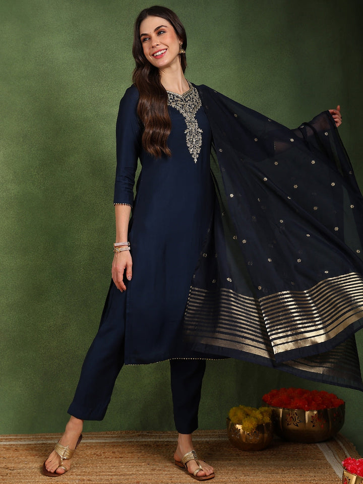ZERESOUQ-Navy-Blue-Silk-Blend-Solid-Embroidered-3-Piece-Kurta-Set