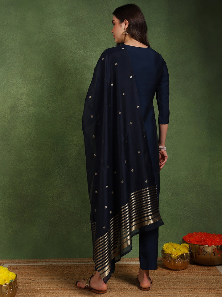 ZERESOUQ-Navy-Blue-Silk-Blend-Solid-Embroidered-3-Piece-Kurta-Set