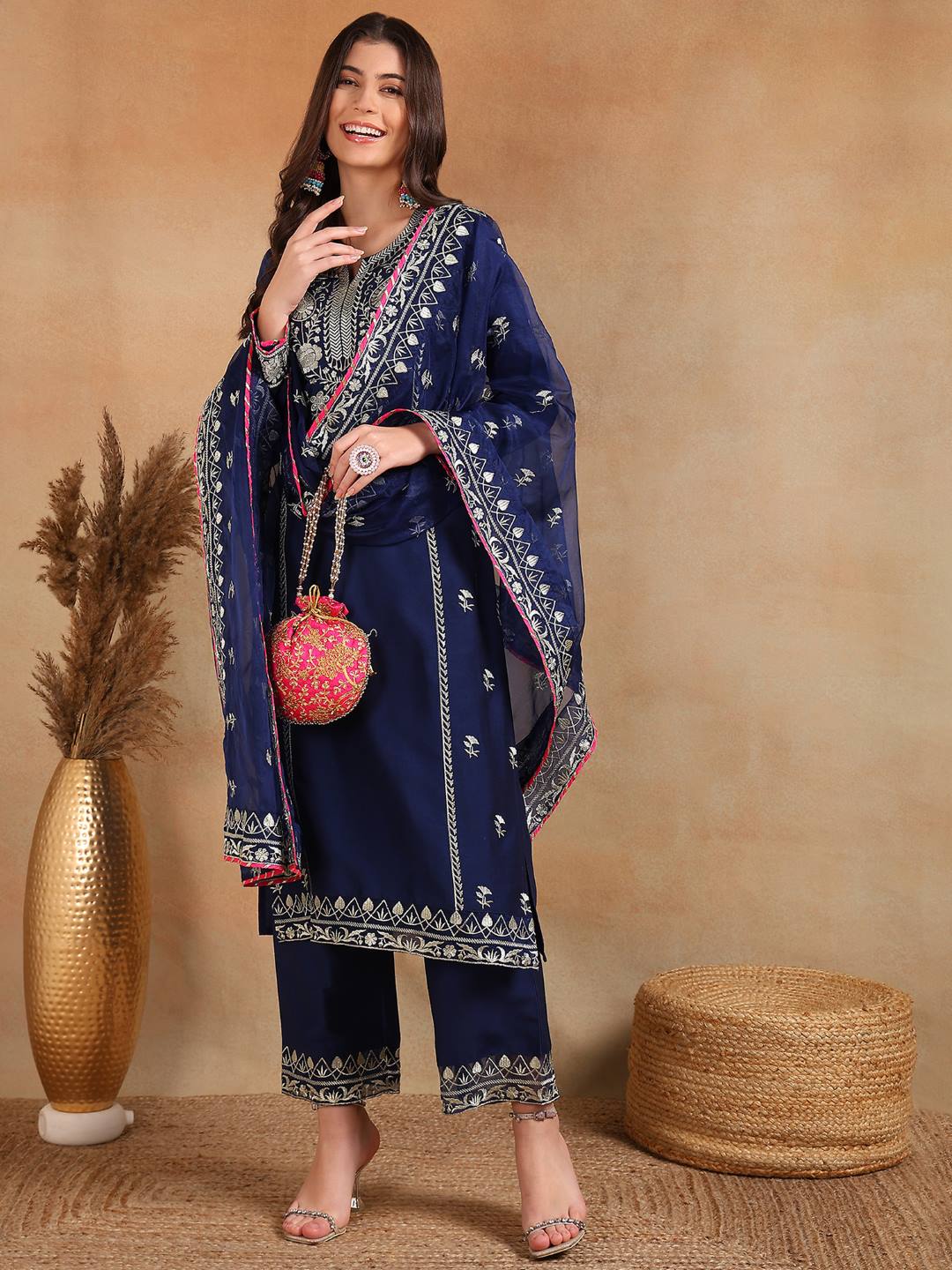 ZERESOUQ-Navy-Blue-Silk-Blend-Solid-Yoke-Design-3-Piece-Kurta-Sets