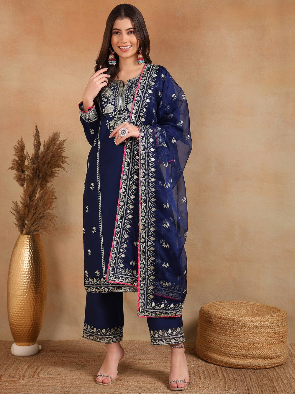 ZERESOUQ-Navy-Blue-Silk-Blend-Solid-Yoke-Design-3-Piece-Kurta-Sets