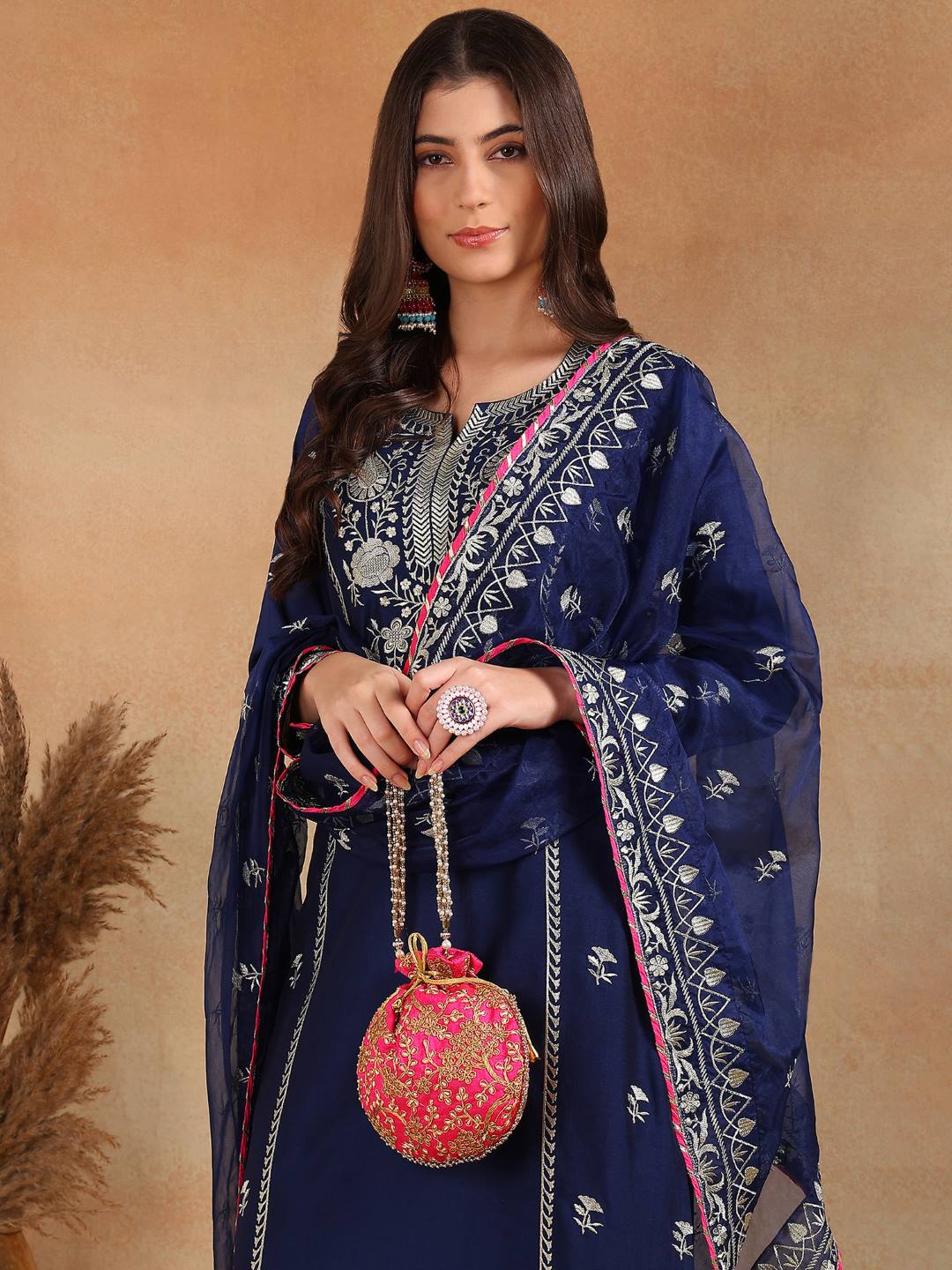 ZERESOUQ-Navy-Blue-Silk-Blend-Solid-Yoke-Design-3-Piece-Kurta-Sets