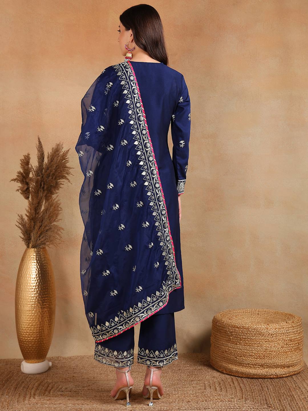 ZERESOUQ-Navy-Blue-Silk-Blend-Solid-Yoke-Design-3-Piece-Kurta-Sets