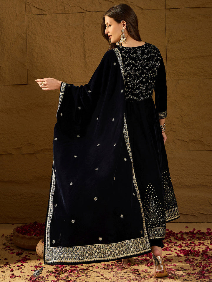 ZERESOUQ-Navy-Blue-Velvet-Floral-Printed-3-Piece-Anarkali-Set