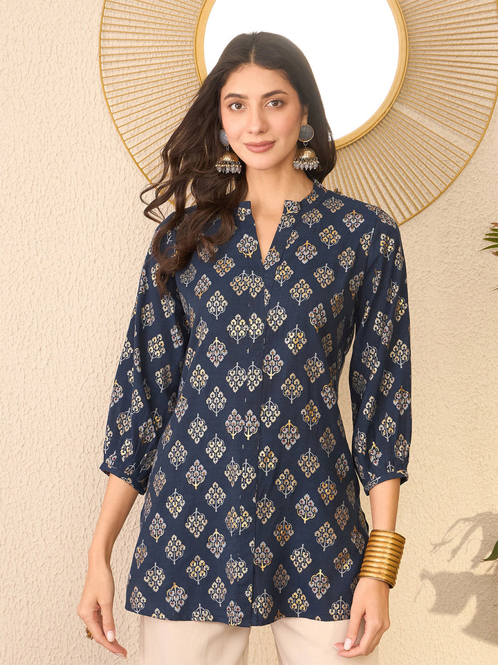 Navy-Blue-Cotton-Blend-Floral-Printed-Tunic-Only