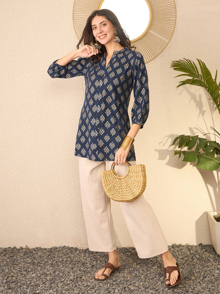Navy-Blue-Cotton-Blend-Floral-Printed-Tunic-Only