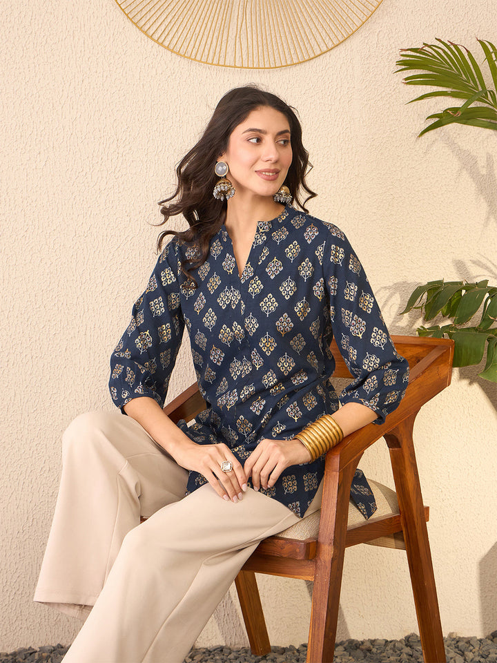 Navy-Blue-Cotton-Blend-Floral-Printed-Tunic-Only