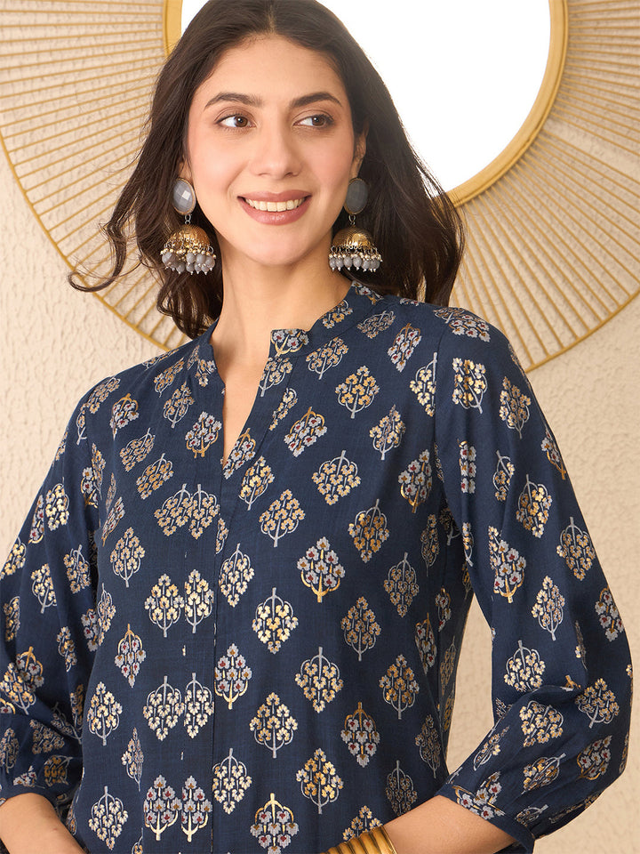Navy-Blue-Cotton-Blend-Floral-Printed-Tunic-Only