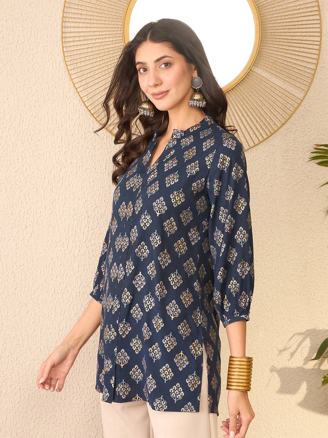 Navy-Blue-Cotton-Blend-Floral-Printed-Tunic-Only