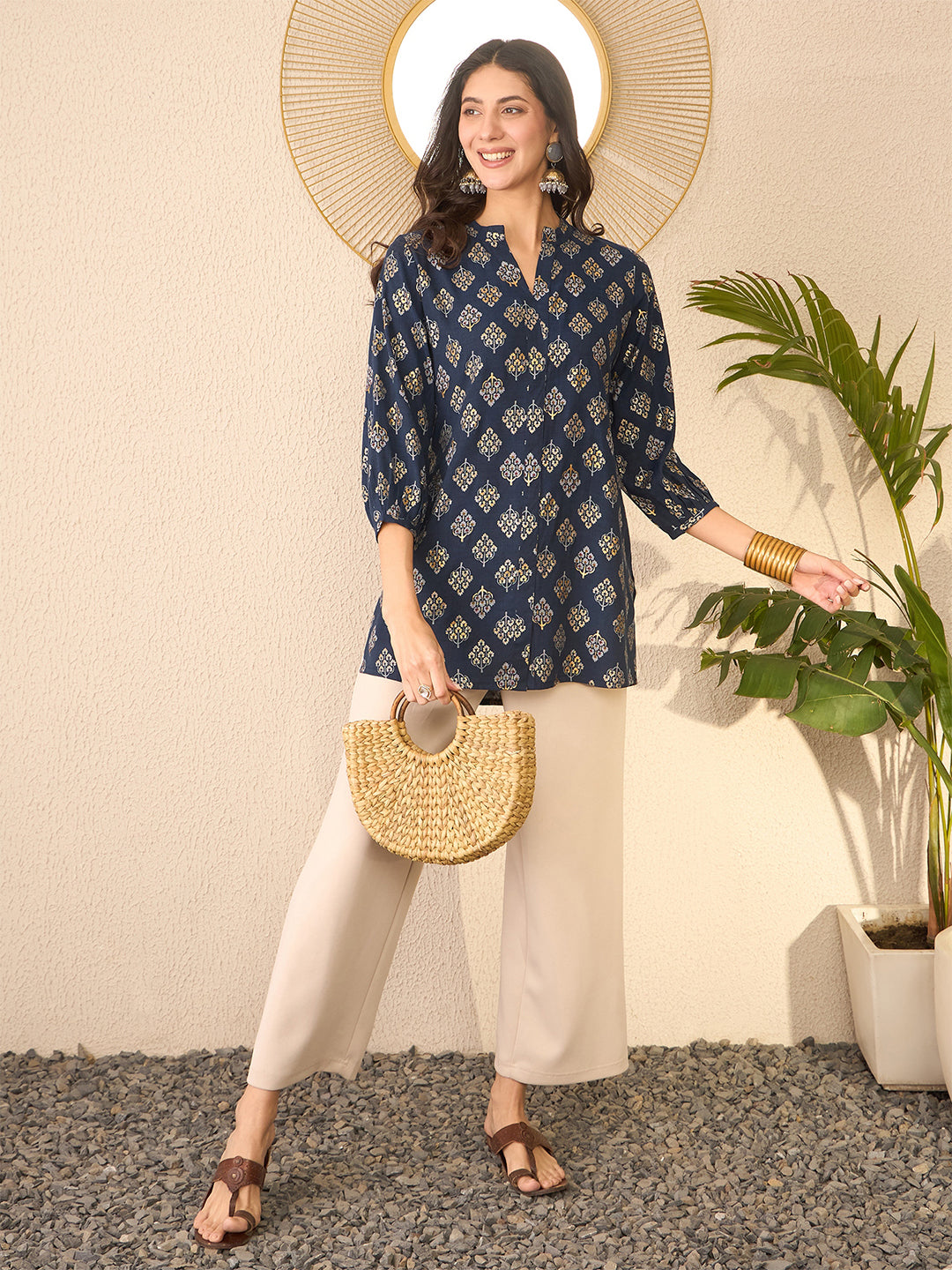 Navy-Blue-Cotton-Blend-Floral-Printed-Tunic-Only
