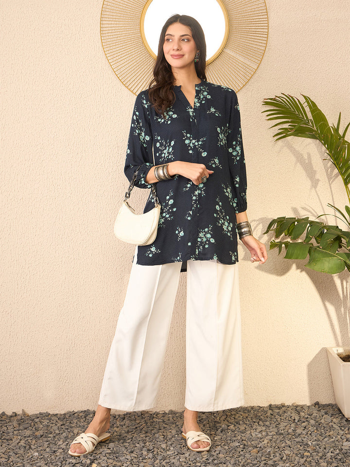 Navy-Blue-Rayon-Blend-Floral-Printed-Tunic-Only