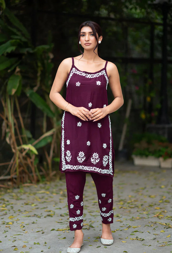 ZERESOUQ-Noodle-Maroon-Modal-Strap-Sleeves-2-Piece-Kurta-Set