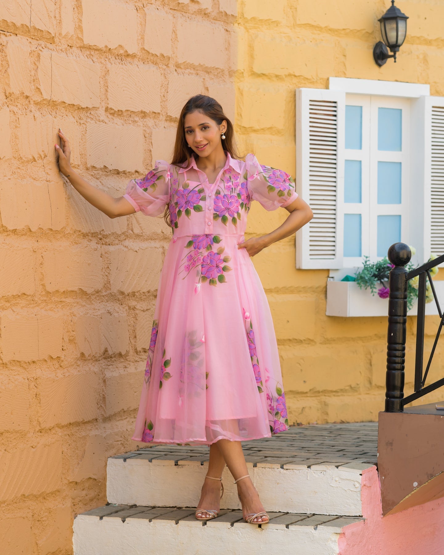 Pink Organza Hand-Painted Shirt Midi Dress
