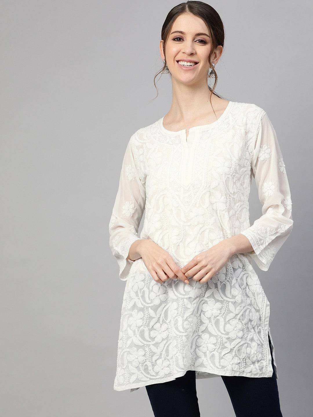 Off-White Georgette Lucknowi Chikankari Tunic Only