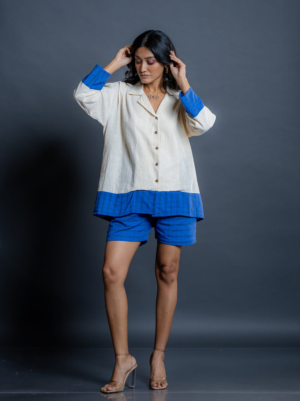 Off-White-&-Blue-Cotton-Shirt-Style-Co-Ord-Set
