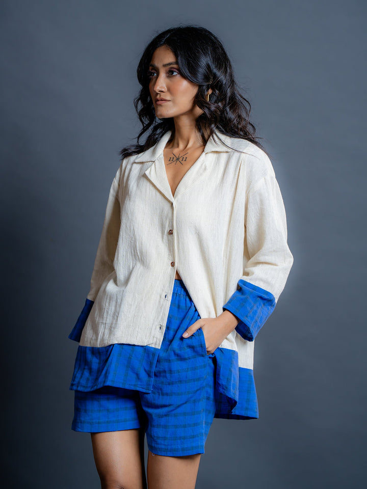 Off-White-&-Blue-Cotton-Shirt-Style-Co-Ord-Set