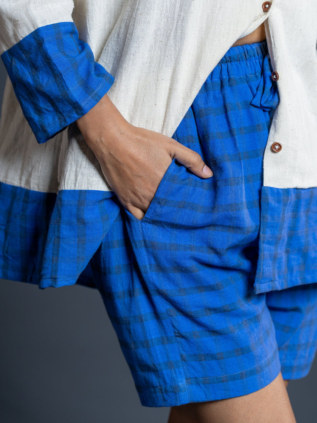 Off-White-&-Blue-Cotton-Shirt-Style-Co-Ord-Set