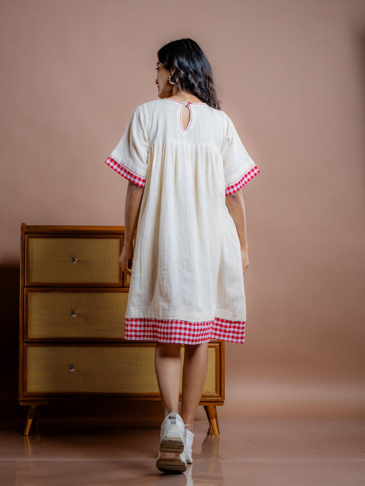 Off-White-&-Cream-Cotton-Gathered-Midi-Dress