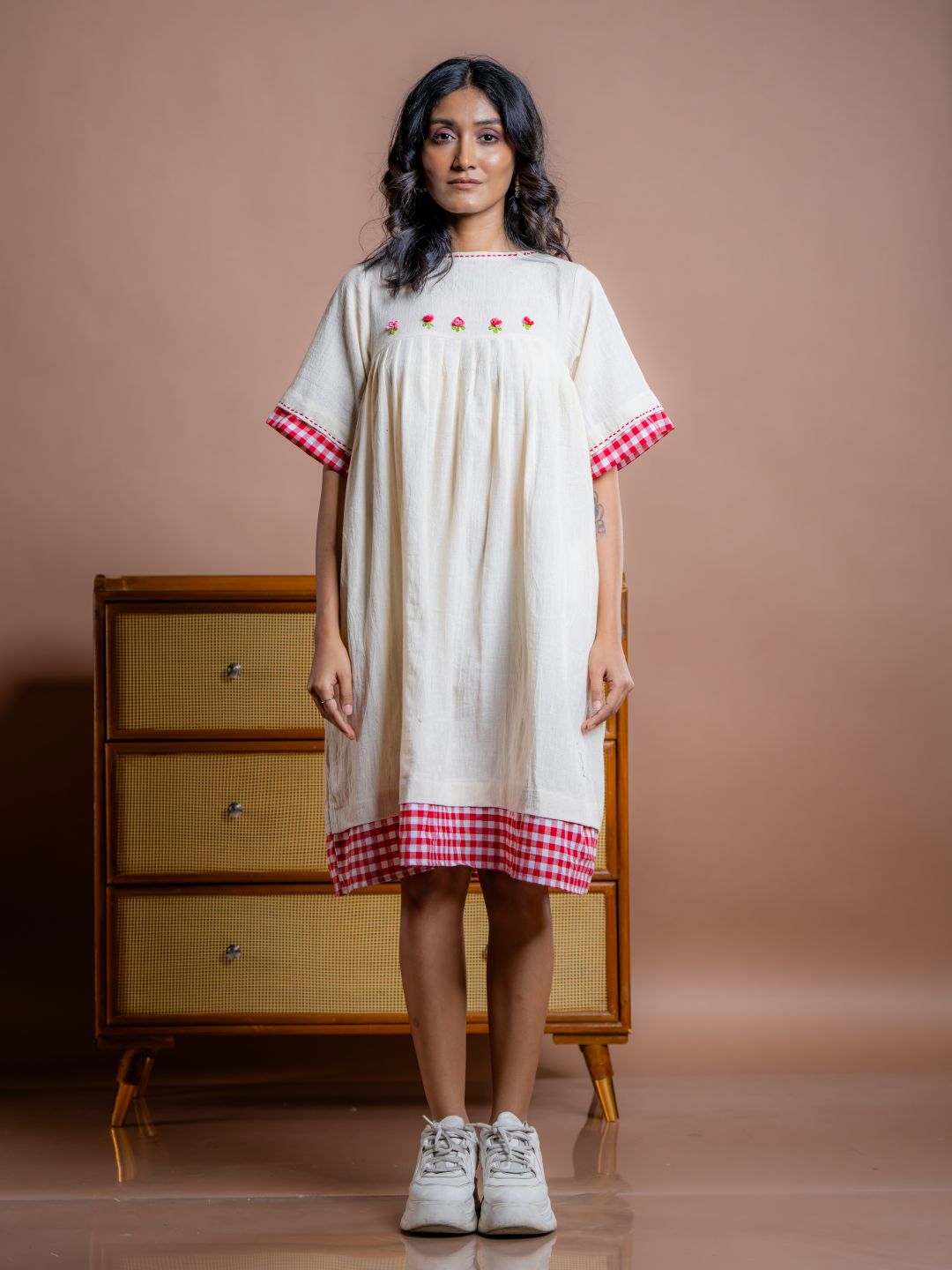 Off-White-&-Cream-Cotton-Gathered-Midi-Dress