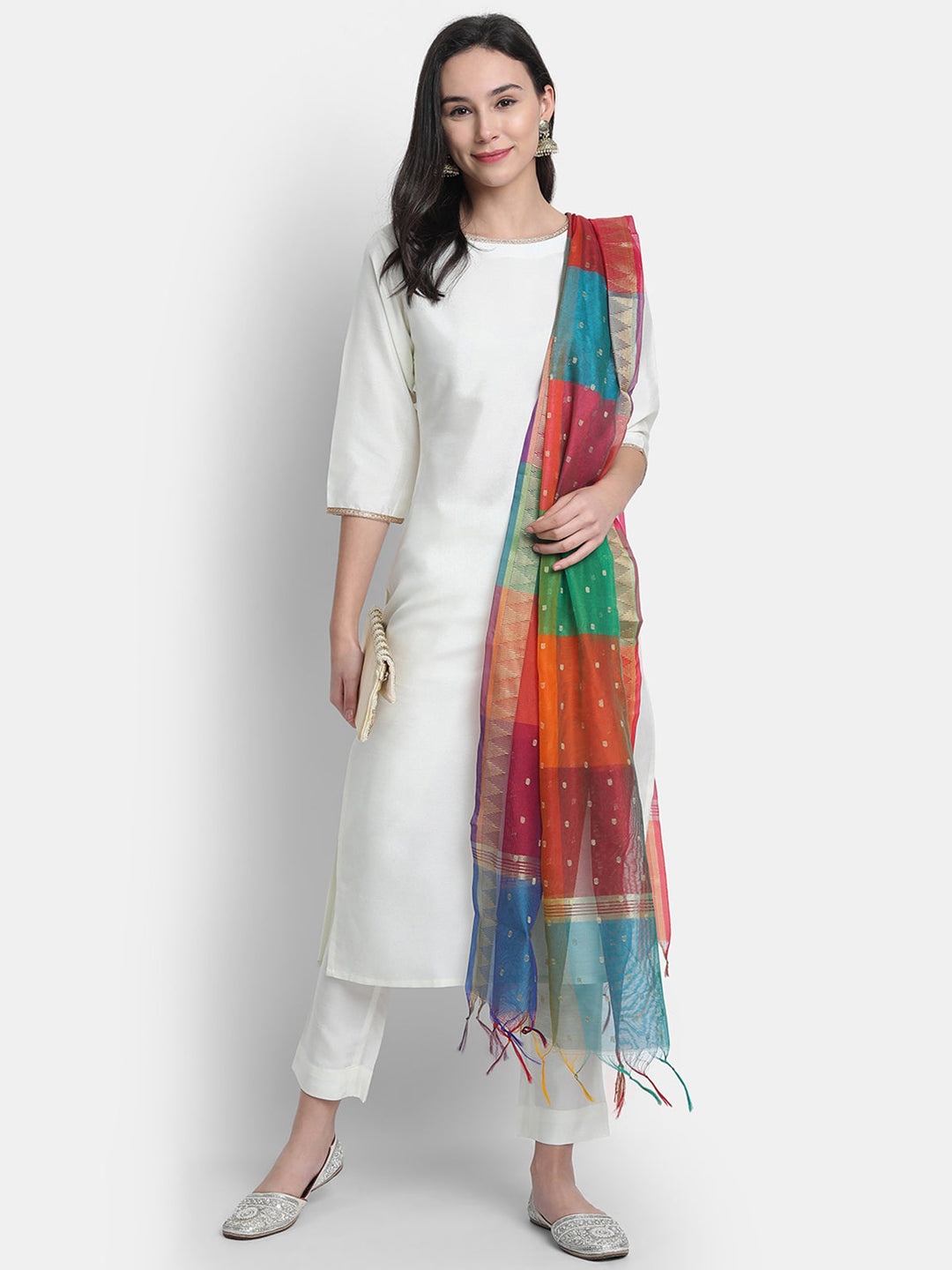 Off-White Poly Silk Solid Kurta Set