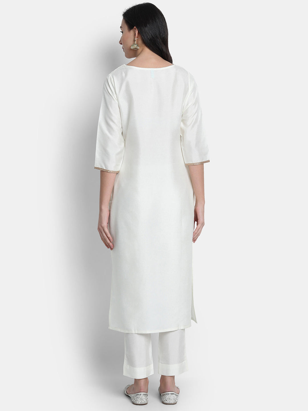 Off-White Poly Silk Solid Kurta Set