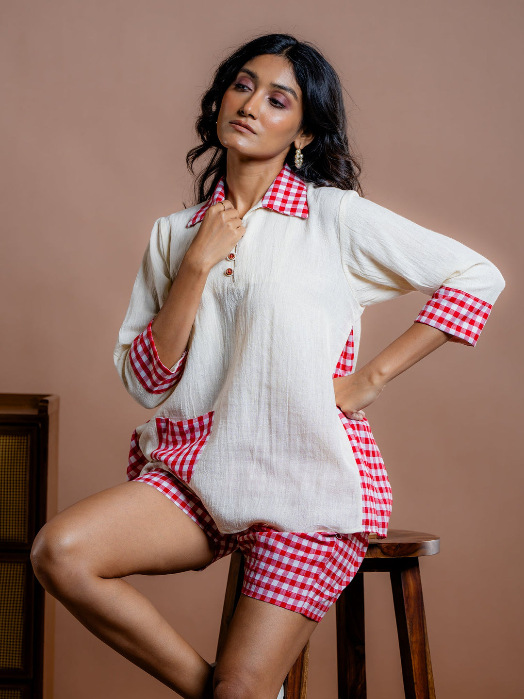 Off-White-&-Red-Cotton-Shirt-Style-Co-Ord-Set